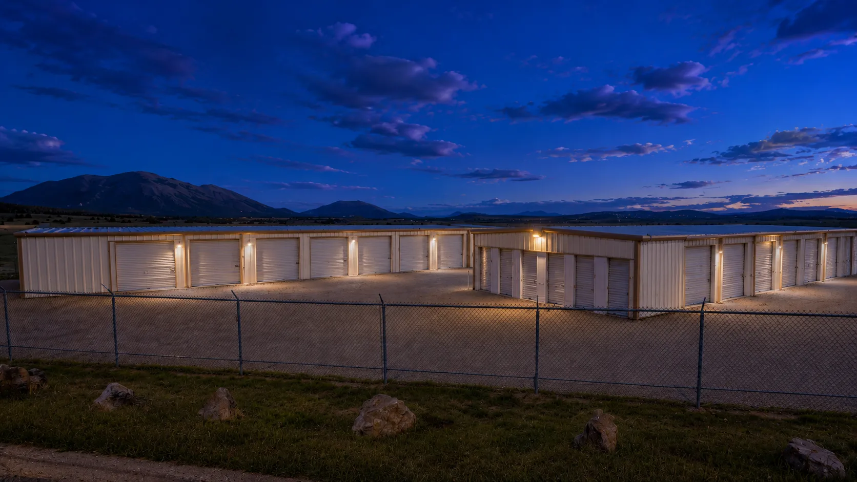 Stellar Storage facility at night with illuminated units